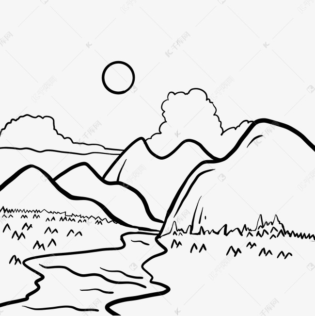 免抠元素 线描山水 夕阳落日线描山泉版权可商用有保障