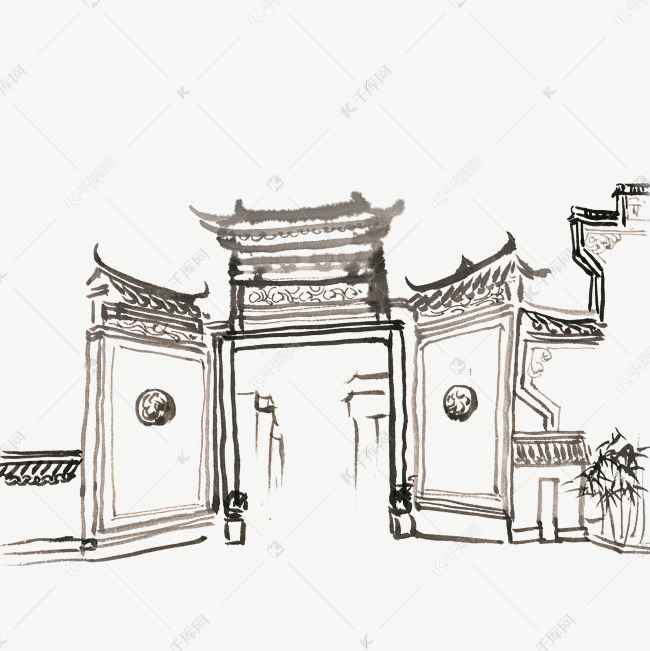 线描稿古街与门楼