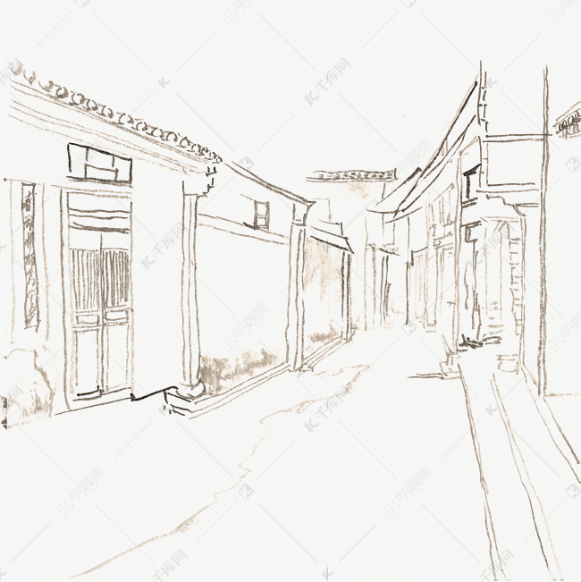 线描稿老街道