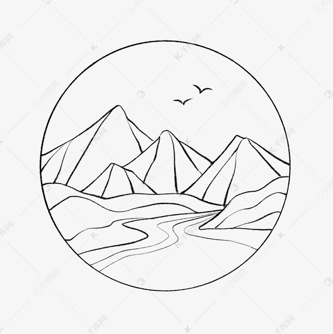 山泉水墨简笔线描山水
