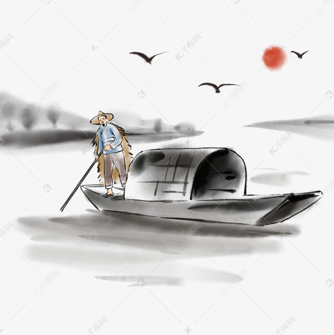 中国风水墨画船夫和船