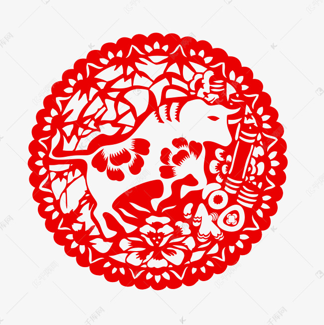 圆形红色剪纸牛新年春节牛年窗花
