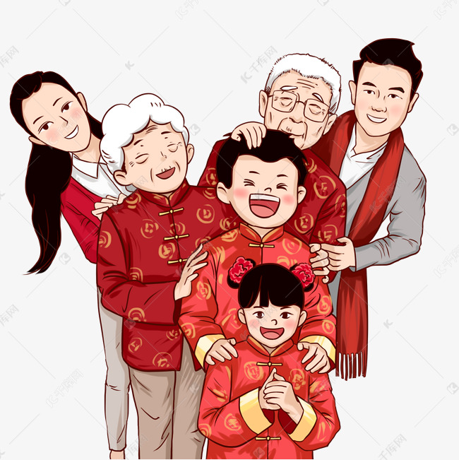 手绘新年全家福合影年俗拜年