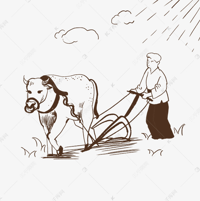 线描春耕农民耕牛