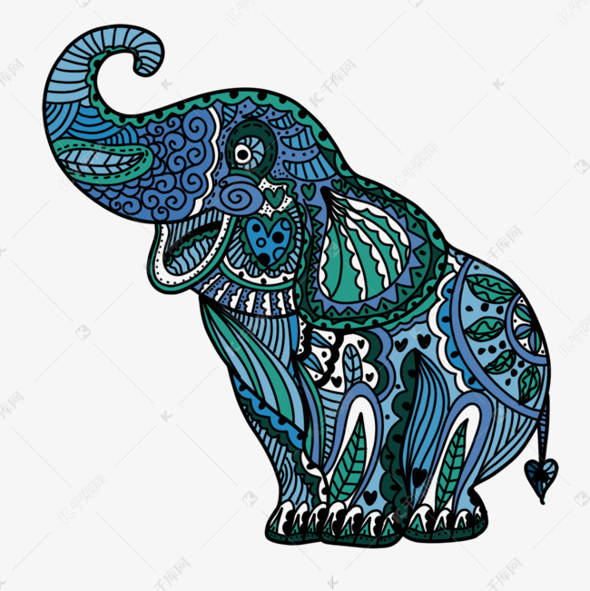 深蓝色开心印度大象象头神禅绕画