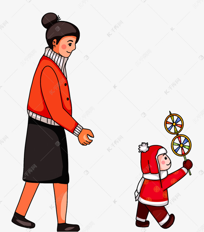 立冬时节妈妈带着孩子玩耍
