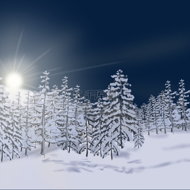 冬天冬季寒冷雪树手绘插画