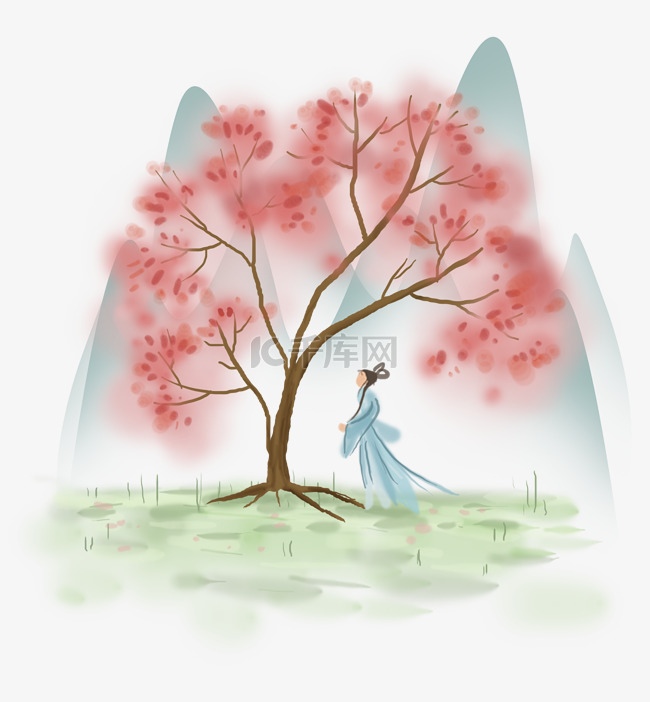 春天桃树下的古代少女