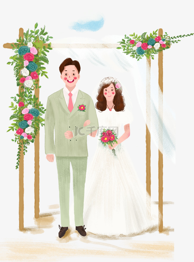 小清新海边婚礼手绘插画