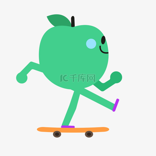 运动健身玩滑板的苹果手绘矢量图