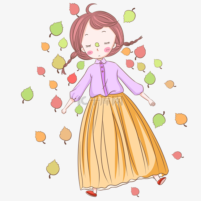 手绘秋叶上的女孩人物插画