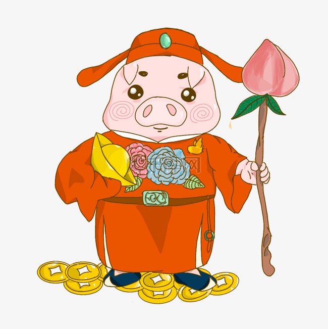 卡通手绘新年送财的可爱财神小猪
