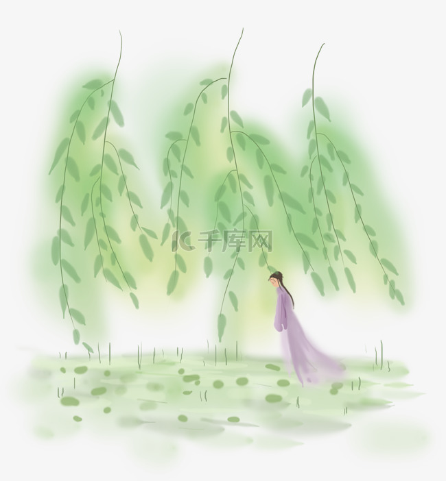 春天中国风柳树下的古代少女