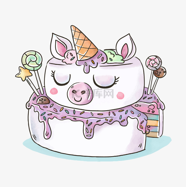 卡通可爱猪猪彩虹蛋糕矢量素材