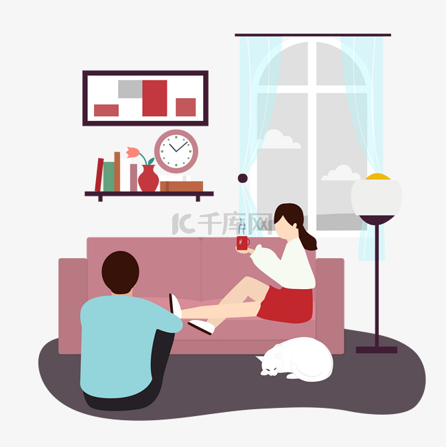 卡通插画风沙发上喝咖啡的女人