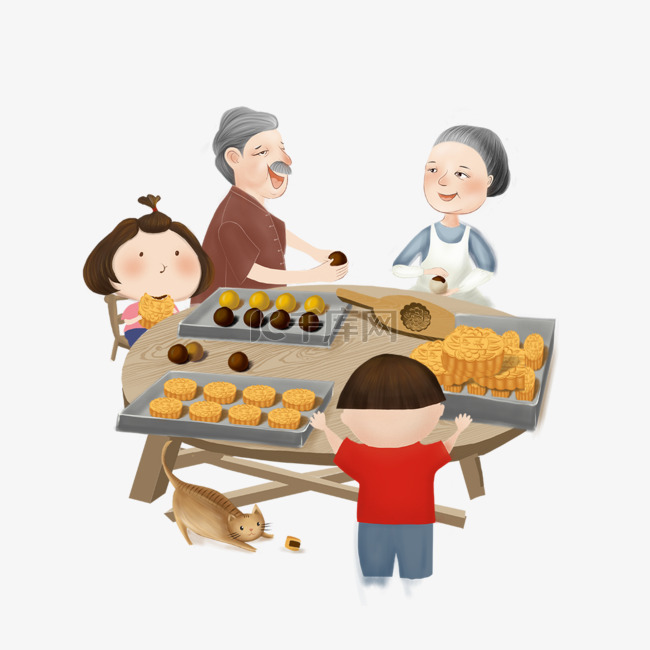 中秋节做月饼团圆主题插画
