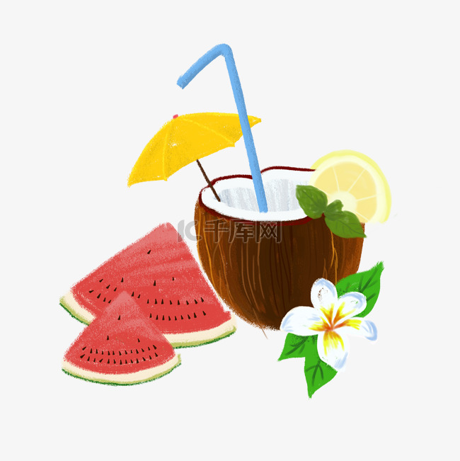 夏季清凉水果椰子西瓜果汁橙子花