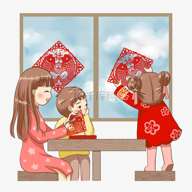 新年2019年妈妈孩子贴窗花