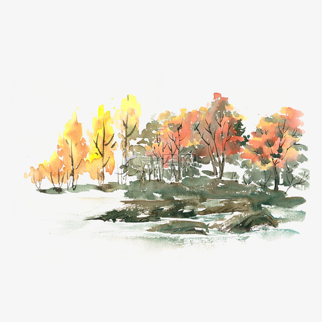 秋天的树林水彩画PNG免抠素材