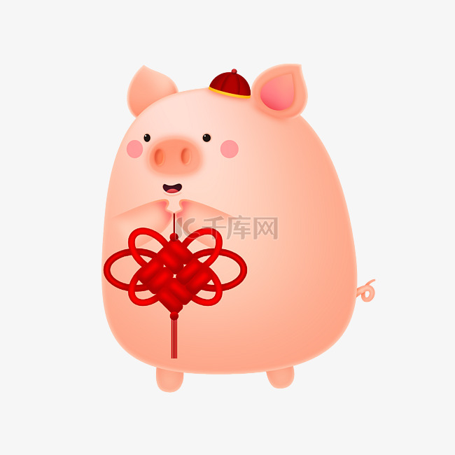 手绘拿中国结的胖小猪插画