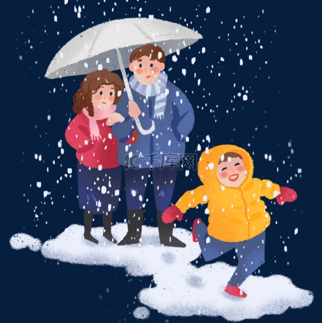 手绘冬日家庭玩雪场景