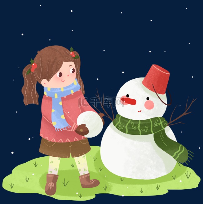 圣诞节卡通可爱雪人女孩插画