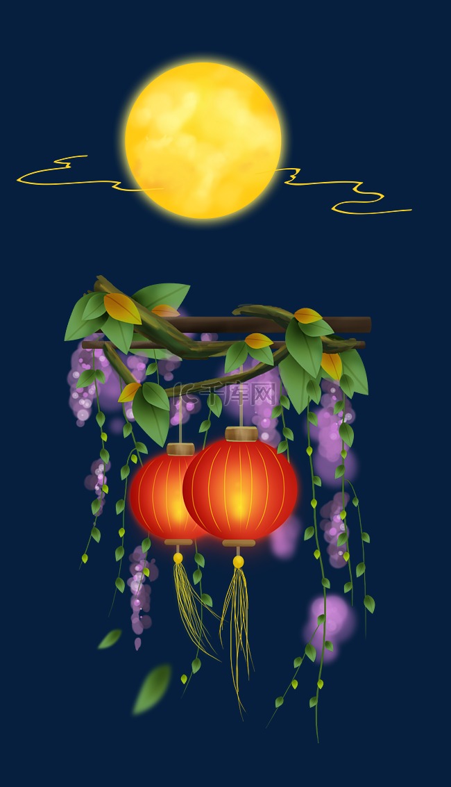 中秋节月亮和红灯笼