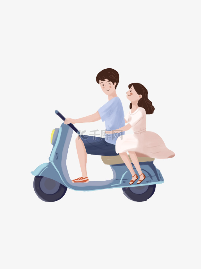 清新可爱骑着电动的情侣插画元素