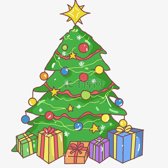 手绘绿色的圣诞树插画