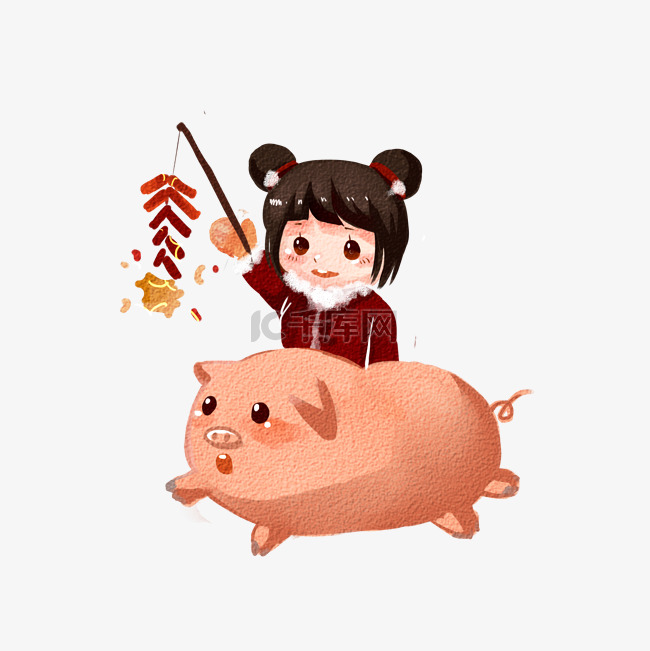 新年中国红可爱骑猪女孩手绘卡通