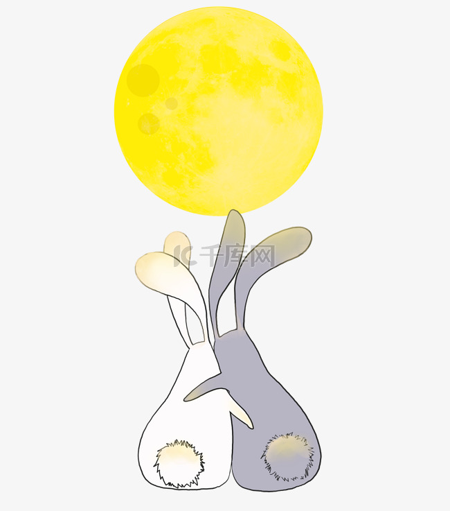 手绘中秋情侣兔子赏月插画
