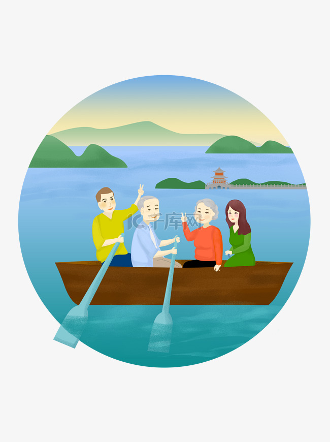 重阳节关爱老人家人游玩陪伴划船