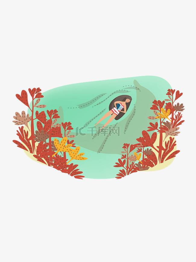 看书女孩海面场景阅读秋天叶子泳