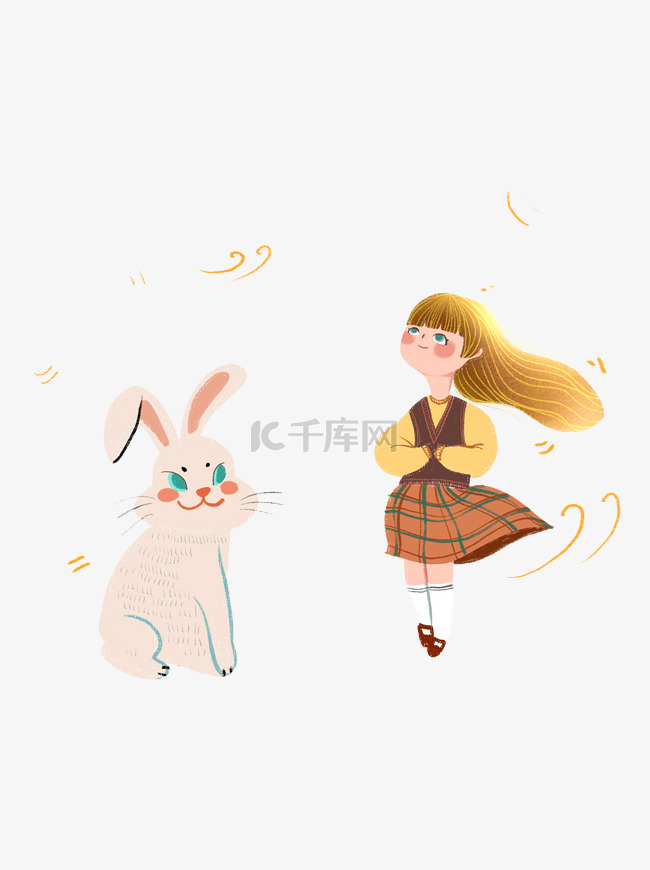 小清新手绘秋风中的小女孩和小兔