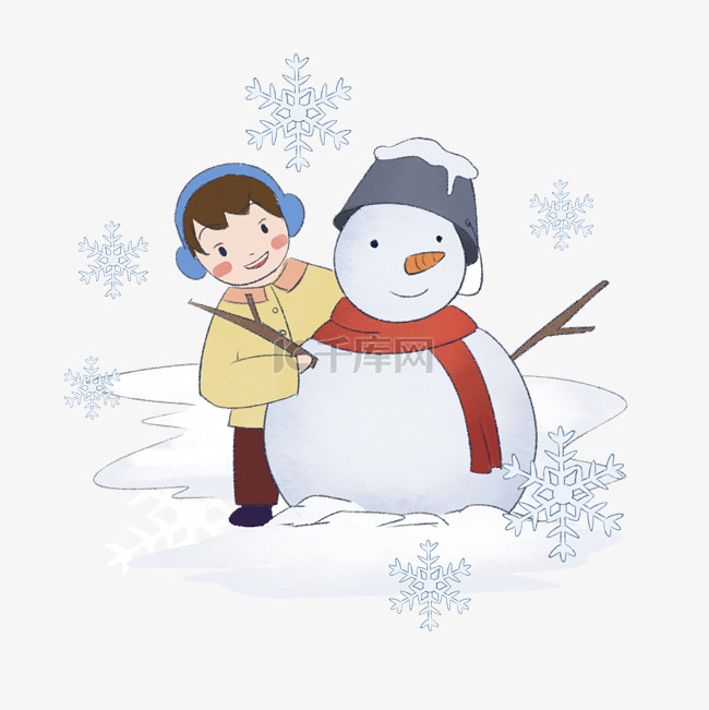 冬季卡通手绘小男孩堆雪人