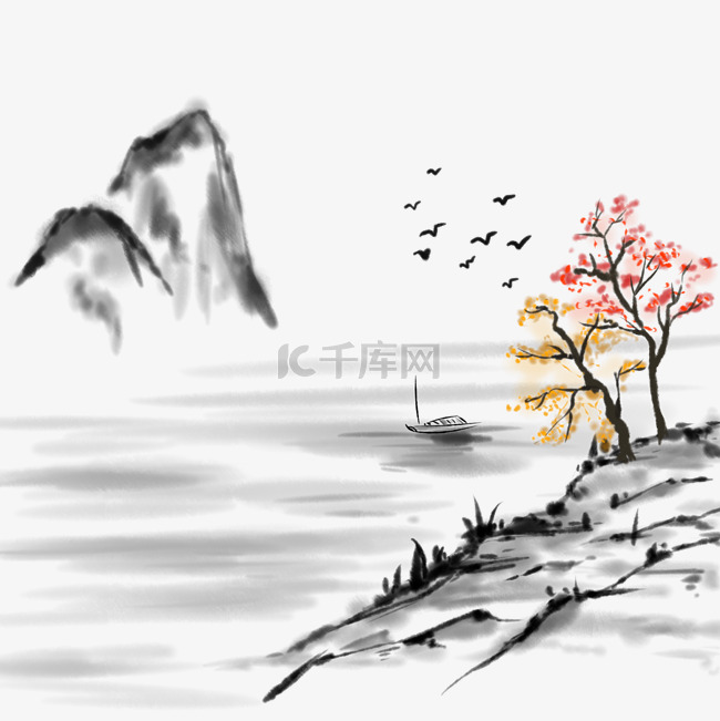 国画水墨风景山水小舟插画