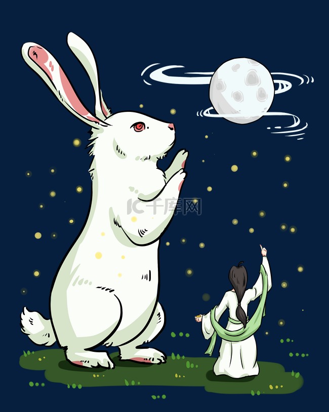 中秋节月饼玉兔嫦娥夜晚满月手绘