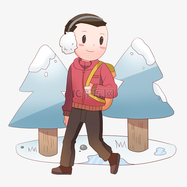 手绘冬季背书包的男孩插画
