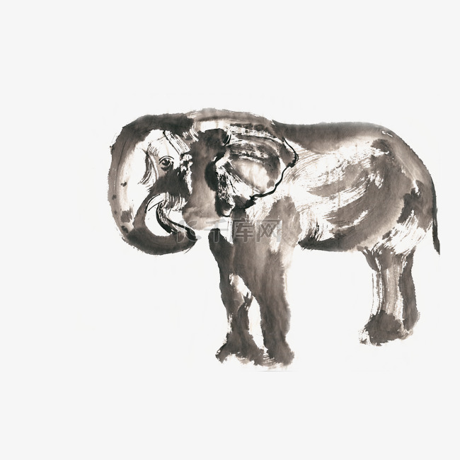温和的大象水墨画PNG免抠素材
