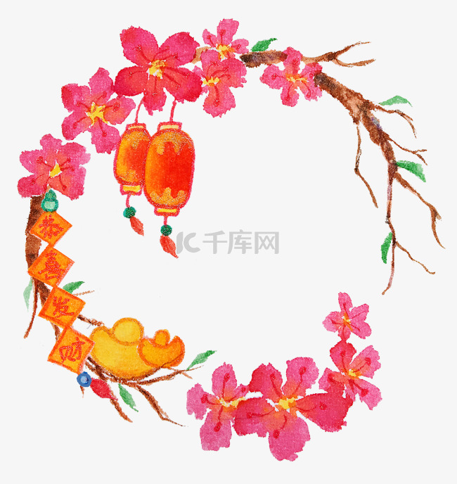 春节花枝灯笼装饰边框插画