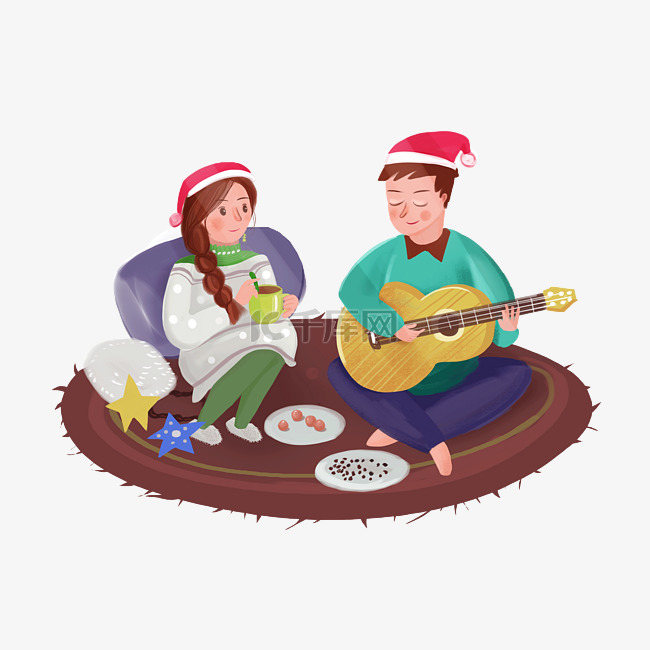圣诞节圣诞夜聚餐聚会弹吉他人物