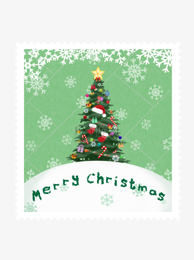 手绘圣诞节邮票圣诞树雪花绿色贴