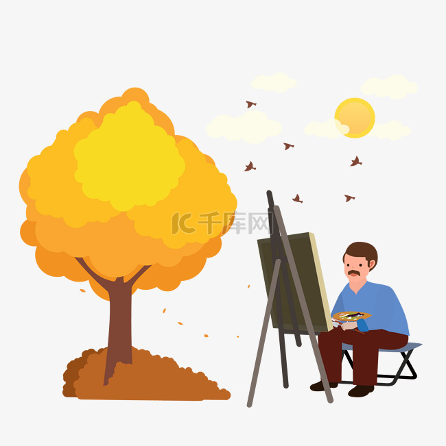 大树下正在画画的男人