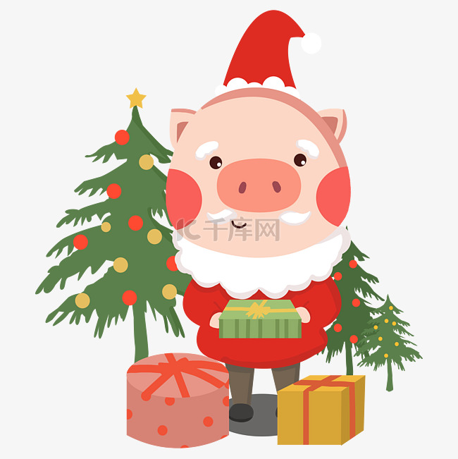 卡通手绘猪年可爱小猪过圣诞节树