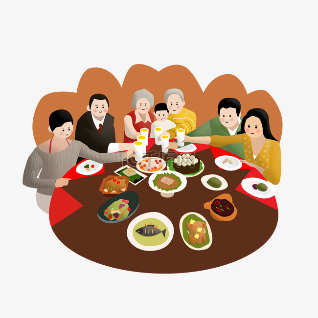 新年习俗一家人桌前吃团圆饭PNG