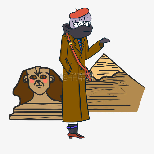 冬季旅行金字塔和小女孩插画