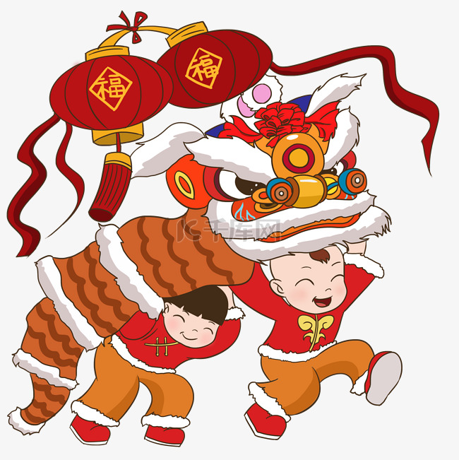 手绘中国风猪年福娃舞狮插画