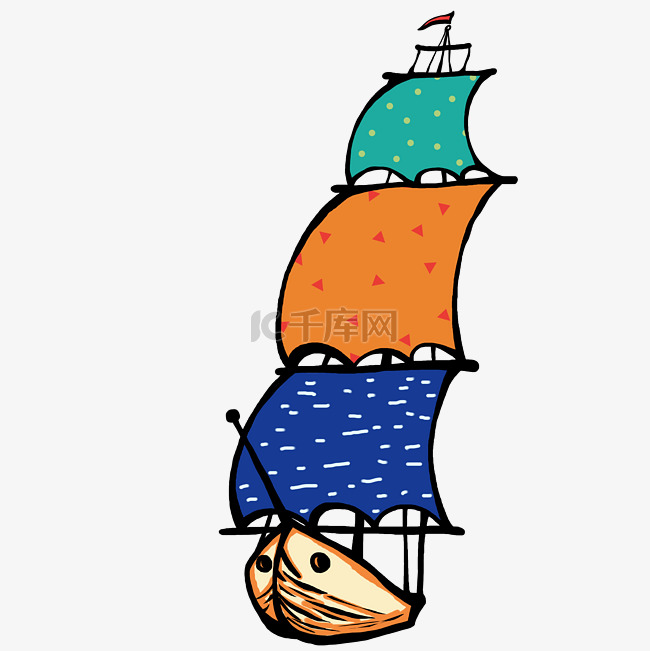 彩色卡通手绘创意可爱帆船