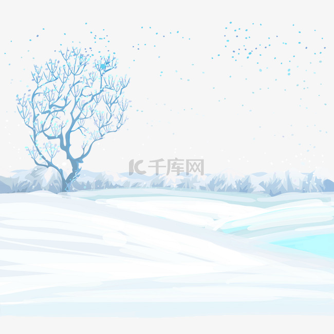 立冬下雪插画树枝手绘大树雪地