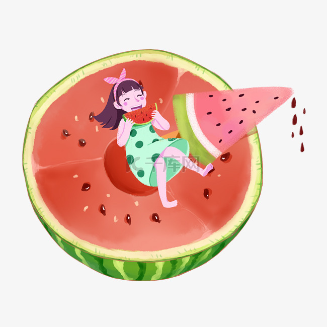 夏天躺着吃西瓜的小女孩
